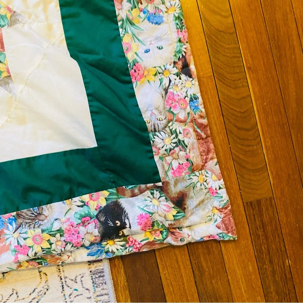Vintage Handmade Cat Quilt 74” x 52”